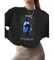 Sweatshirt bisiklet yaka kadın 3 iplik şardonlu Bej erkek kalın Sweatshirt unisex Mavi hissetme (Siyah)