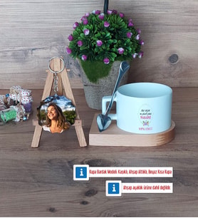Doğum Günü Hediyesi Kupa Bardak Beyaz ve Fotoğraflı Ahşap Anahtarlık Hediye (Model 8)