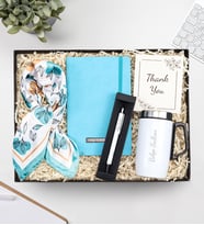 Kişiye Özel Kulplu 280 ML Çelik Termos & Defter & Gümüş Renk Detaylı Tükenmez Kalem & Fular Hediye Seti (Model 7)