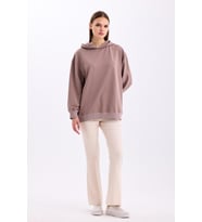 Pastelastore Pamuklu Kapüşonlu 2 İplik Baharlık Oversize Sweatshirt (Vizon)