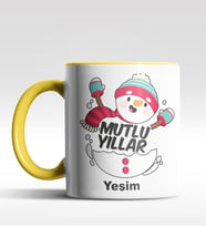 Kişiye Özel Mutlu Yıllar Kardan Adam Tasarımlı Siyah Kupa (Sarı)