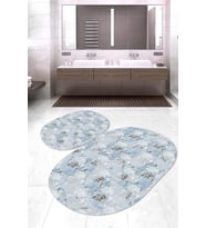 Dijital Baskılı Kaymaz Taban Yıkanabilir Oval 2'li Klozet Takımı Banyo Paspası NOKZ-HT-250 (Mavi)