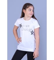 Toontoy Kız Çocuk Yıldız Baskılı Taş İşlemeli Tişört (Beyaz)