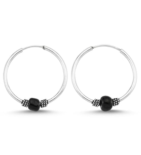 Boncuklu Gümüş Halka Küpe 16 mm wsk09-16 (Siyah)