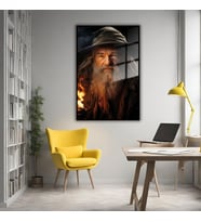 Metal Çerçeveli Cam Tablo Yüzüklerin Efendisi Gandalf Portresi (Siyah)