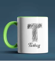 Kişiye Özel T Harfi Temalı Kara Kalem Tasarım Siyah Renk Kupa (Yeşil)