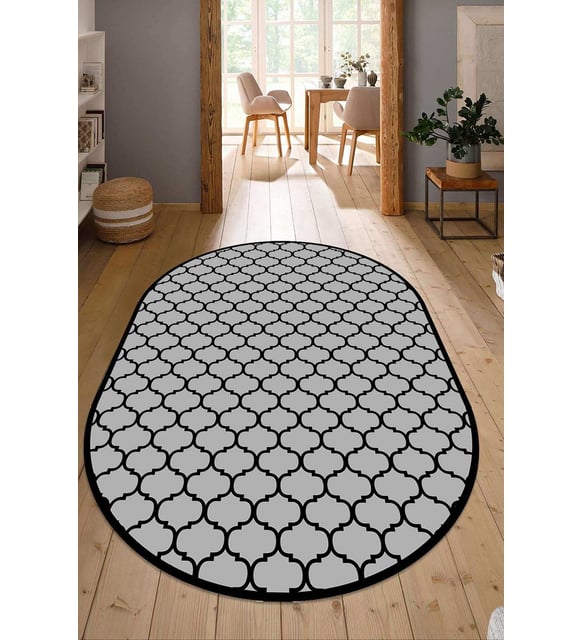 Dijital Baskılı Kaymaz Taban Yıkanabilir Oval Salon Halısı Mutfak Halısı Yolluk NDO-HT-545 (Gri)