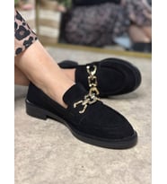 Günlük Kadın Loafer Makosen Klasik Alçak Topuk Zincirli Oval Burun Ayakkabı 150 (Siyah Süet)