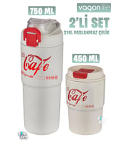 Vagonlife 2'li Çelik Termos-Kahve Bardağı Seti 750ML Çift Kullanım Termos//450ML Mug Kahve Bardağı (Beyaz)