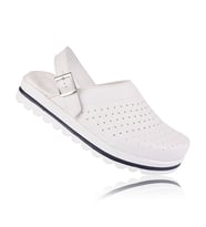 FootFlex Klasik Tokalı Çizgili Ortopedik Sabo Hastane Doktor Hemşire Terliği (Beyaz)