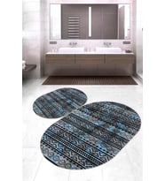 Dijital Baskılı Kaymaz Taban Yıkanabilir Oval 2'li Klozet Takımı Banyo Paspası NOKZ-HY-1279 (Mavi)