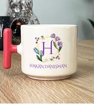 Kişiye Özel Çiçekli H Harfli Hediye T Kupa Bardak İsim Soyisim Yazılı (Pembe)