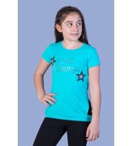 Toontoy Kız Çocuk Yıldız Baskılı Taş İşlemeli Tişört (Turkuaz)