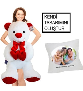 Kişiye Özel Yastık Hediyeli Çift Kalp Tutan Sevimli Pelüş Ayı (Beyaz)