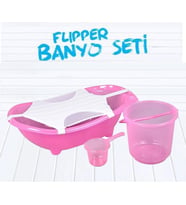 Flipper Bebek Banyo Küvet Seti - Bebek Banyo Küveti - 5 Parça - Sünger ve File Hediyeli (Açık Pembe)
