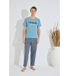 Erkek Mavi Bisiklet Yaka Kısa Kol Cepli Yazlık Pamuklu Pijama Takımı (Füme - Turkuaz)