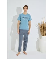 Erkek Mavi Bisiklet Yaka Kısa Kol Cepli Yazlık Pamuklu Pijama Takımı (Füme - Turkuaz)