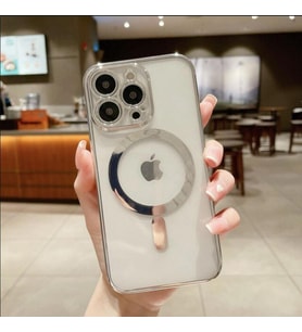 Iphone 14 Tam Uyumlu Köşeleri Renkli Şeffaf Kamera Korumalı Magsafe Luxury Kılıf (Gümüş)