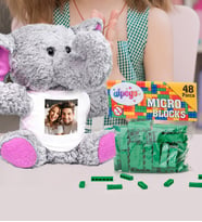 Kişiye Özel Peluş Pembe Fil Ve Renkli Micro Blocks Lego (Yeşil)