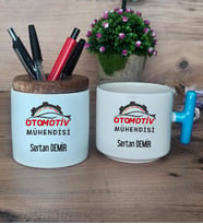 Otomotiv Mühendisi Hediye Sepeti Kupa Bardak T Kulplu, Kalemlik Hediyeleri Mühendisler Günü Hediyesi (Model 3)