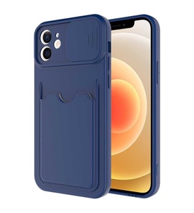 Uyumlu Model Apple iPhone 12 Kılıf Kartlıklı Lens Kapatmalı Kapak (Lacivert)
