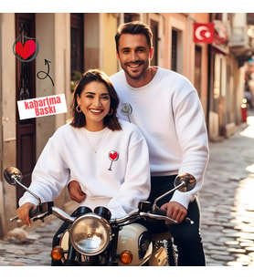 Sevgililer Günü Kombin Erkek Kadın Kadeh İçinde Kabartmalı Kalp Bisiklet Yaka Sweatshirt 5004 (Beyaz)