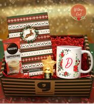 Kişiye Özel Desenli Defter & Yılbaşı Özel Harf Baskılı Kupa &  Nescafe Cappuccino & Dekoratif Yıldız Led Işıklı Mini Metal Hediye Seti (Siyah)