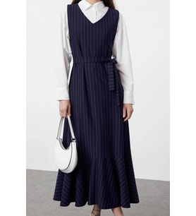 Moda Stil Relaxed V Yaka Uzun Tesettür Çizgili Dokuma Jile Elbise (Lacivert)