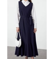 Moda Stil Relaxed V Yaka Uzun Tesettür Çizgili Dokuma Jile Elbise (Lacivert)