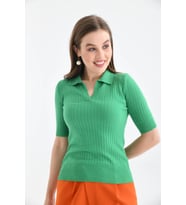 Kadın Slim Fit Pola Yaka Basic Triko Kısa Kol Kazak (B.Yeşil)