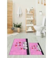 EVDEYA Baskılı Yıkanabilir Kalipli Kediler Desenli İkili Banyo Halısı Klozet Takımı, KLOZET-42-BEYAZ, (Pembe)
