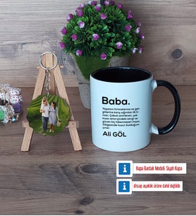 Baba Kupa Bardak Beyaz ve Fotoğraflı Ahşap Anahtarlık Hediye (Model 11)