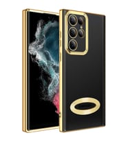 Samsung Galaxy S22 Ultra Kılıf Case, Logo Showing Serisi, Şeffaf, Kamera Korumalı, Logo Gösteren Renkli Çizgi Tasarım (Gold)
