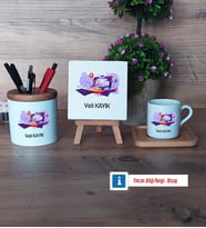 Bilgisayar Mühendisi Hediye Seti Dekoratif Taş, Kalemlik, Ahşap Altlıklı Türk Kahvesi Fincanı Hediye (Model 1)