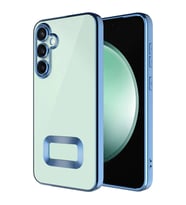 Samsung Galaxy S24 Kılıf Logo Yeri Açık Kamera Lens Önü Korumalı Renkli Kenarlı Şeffaf Silikon (Mavi)
