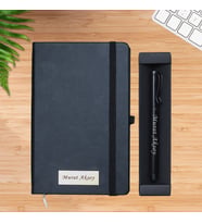 Kişiye Özel Siyah/Kırmızı Renk Deri Defter, Kişiye Özel Siyah/Kırmızı Metal Tükenmez Hediye Seti (Siyah)