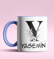 Kişiye Özel Y Harfi Romantik Tasarım Siyah Renk Kupa (Mavi)