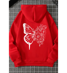 Unisex Drawing Butterflies Sırt Baskılı Sweatshirt (Kırmızı)