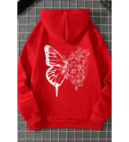 Unisex Drawing Butterflies Sırt Baskılı Sweatshirt (Kırmızı)