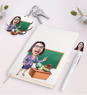 BK Gift Kişiye Özel Bayan Öğretmen Karikatürlü Siyah Defter Kalem Ve Anahtarlık Hediye Seti-1 (Model 2)