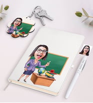 BK Gift Kişiye Özel Bayan Öğretmen Karikatürlü Siyah Defter Kalem Ve Anahtarlık Hediye Seti-1 (Model 2)