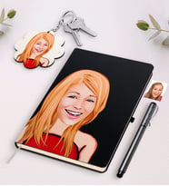 BK Gift Kişiye Özel Bayan Karikatürlü Beyaz Defter Kalem Ve Anahtarlık Hediye Seti-33 (Model 2)