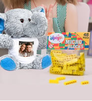Kişiye Özel Peluş Mavi Fİl Ve Renkli Micro Blocks Lego (Sarı)