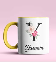 Kişiye Özel Y Harfi Temalı Gül Tasarım Siyah Renk Kupa (Sarı)
