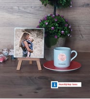 Anneye Doğum Günü Hediyesi Fotoğraflı Dekoratif Taş, Ahşap Altlıklı Türk Kahvesi Fincanı Hediye (Model 8)