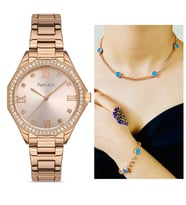 Ferrucci Modern Kasa 1.Sınıf Çelik Su Geçirmez Kadın Kol Saat+Nazarlıklı Kolye Bileklik (Rose)