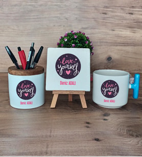 Love Your Self Hediye Sepeti Kupa Bardak T Kulplu, Kalemlik ve Dekoratif Taş Arkadaşa Hediye, Anneye Hediye (Model 3)