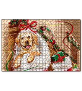 Cakapuzzle Şömineye Asılı Yılbaşı Hediyeleri ve Yavru Köpek  Puzzle Yapboz MDF (Ahşap) (500 Parça)