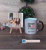 Kız Kardeş Fotoğraflı Dekoratif Taş, Kupa Bardak Beyaz Hediye (Model 9)