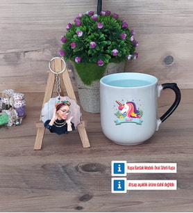 Unicorn Kupa Bardak Beyaz ve Fotoğraflı Ahşap Anahtarlık Hediye (Model 10)